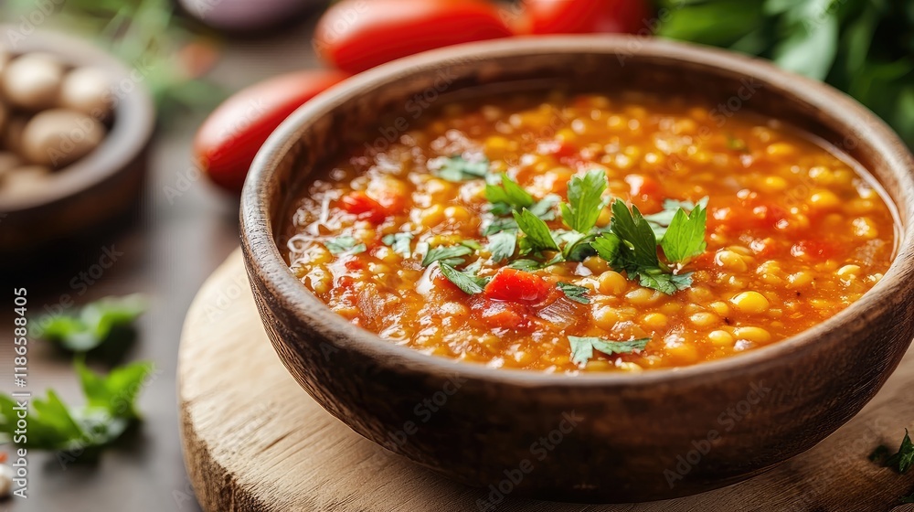 Vibrant Split Pea Soup in Rustic Bowl Surrounded by Fresh Ingredients on Wooden Board close Up Vibrant Split Pea Soup in Rustic Bowl Surrounded by Fresh Ingredients on Wooden Board close Up