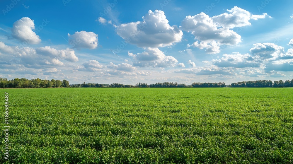 Vast green meadow under a bright blue sky with fluffy clouds showcasing nature's beauty and tranquility in an editorial landscape setting Vast green meadow under a bright blue sky with fluffy clouds showcasing nature's beauty and tranquility in an editorial landscape setting