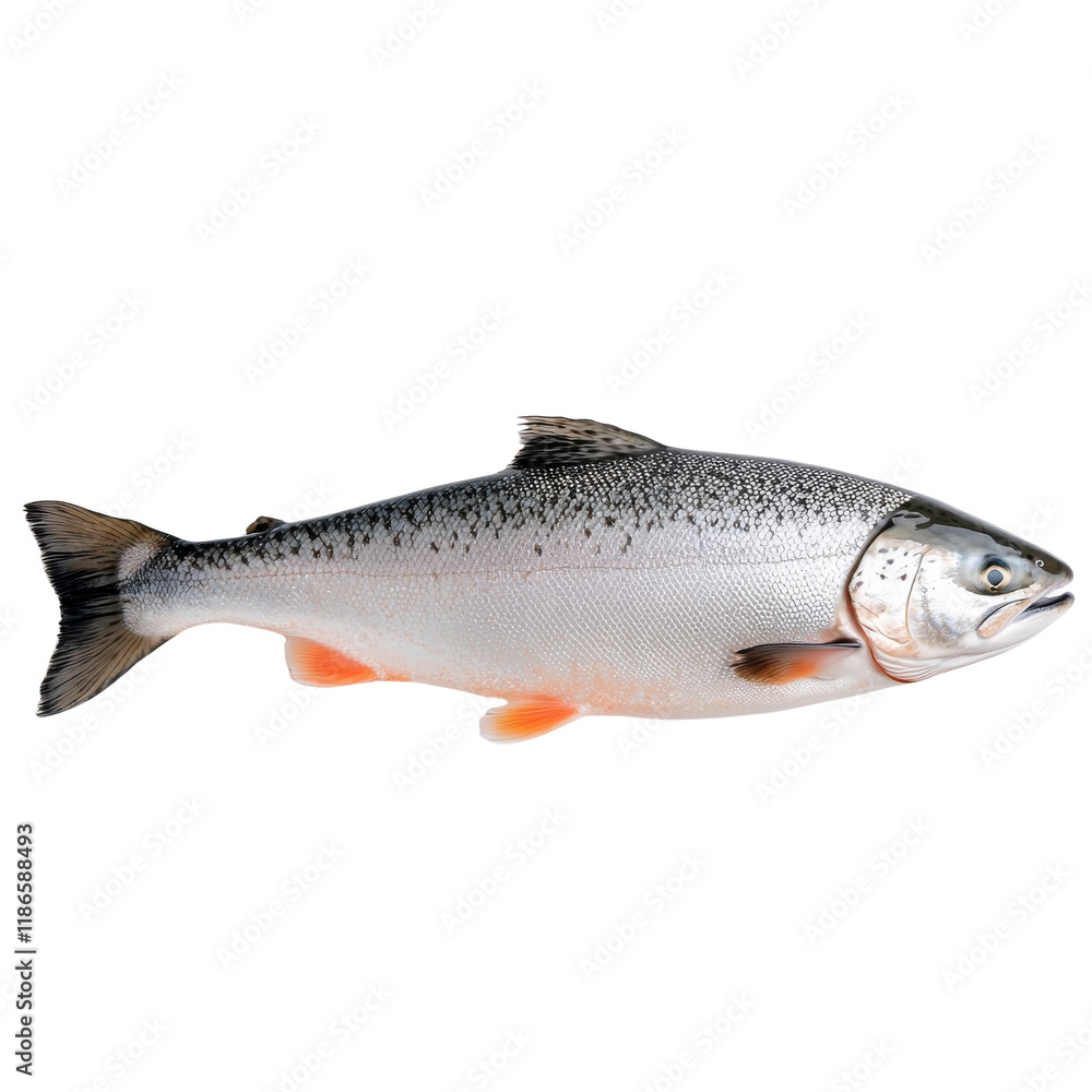 Naklejka premium Whole raw salmon fish with scales and tail, showcasing its natural beauty and freshness. Perfect for culinary presentations or seafood displays