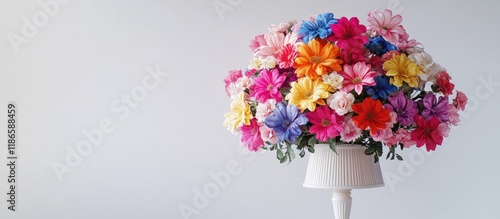 Colorful floral lamp design for artistic home decor featuring vibrant artificial flowers against a minimalist white wall backdrop. photo