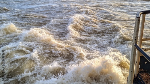 Choppy ocean waves viewed from a ferry deck showcasing turbulent waters and dynamic seascape. photo