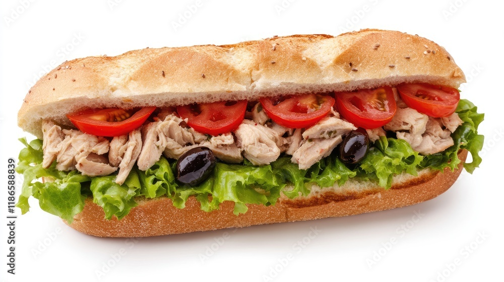 Fresh tuna sandwich loaded with tomatoes, crisp lettuce, and olives in a toasted hoagie roll. Perfect for a healthy lunch option. Fresh tuna sandwich loaded with tomatoes, crisp lettuce, and olives in a toasted hoagie roll. Perfect for a healthy lunch option.