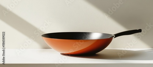 Stylish wok pan on a minimalist shelf showcasing its vibrant design against a clean white background ideal for culinary displays photo