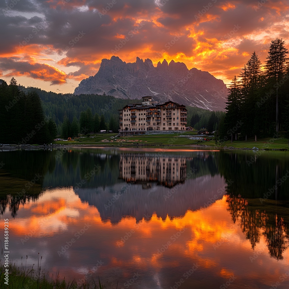Pristine reflections of mountains in golden sunset Pristine reflections of mountains in golden sunset
