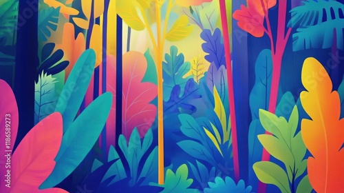 Colorful abstract forest landscape artwork featuring bright foliage and vibrant hues creating a lively natural scene. photo