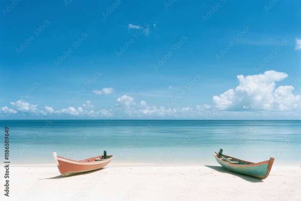 Seascape Tranquility: Two small boats rest gently on the pristine white sands of a secluded tropical beach, under a vast expanse of azure sky. The scene is bathed in the soft light of a golden sun. Seascape Tranquility: Two small boats rest gently on the pristine white sands of a secluded tropical beach, under a vast expanse of azure sky. The scene is bathed in the soft light of a golden sun.