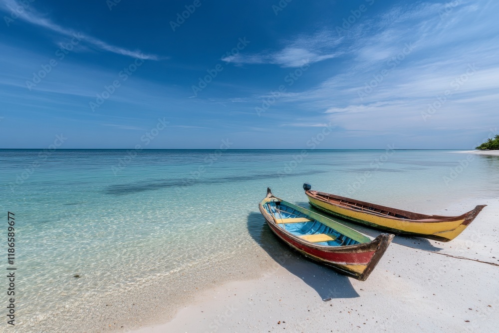 Tropical Paradise: Two colorful wooden boats rest on a pristine white sandy beach, their vibrant hues contrasting against the azure waters of the turquoise sea. Tropical Paradise: Two colorful wooden boats rest on a pristine white sandy beach, their vibrant hues contrasting against the azure waters of the turquoise sea.