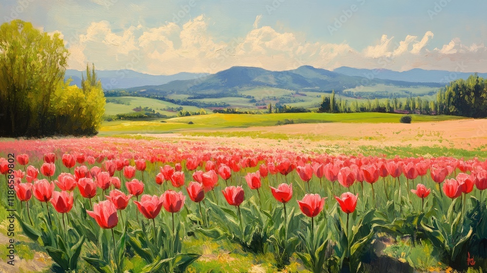 Vibrant Tulip Field in Sunny Landscape with Rolling Hills and Clear Skies Vibrant Tulip Field in Sunny Landscape with Rolling Hills and Clear Skies
