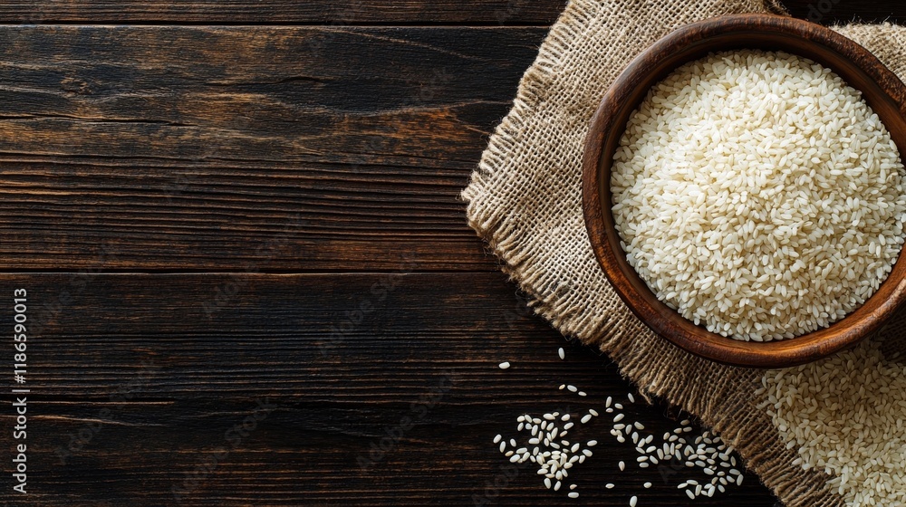 White Rice Served in Wooden Bowl on Rustic Wooden Tabletop White Rice Served in Wooden Bowl on Rustic Wooden Tabletop