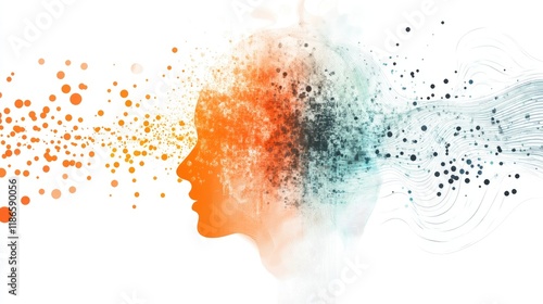 Abstract illustration depicting the intersection of different stimuli with a silhouette of a human head amidst colorful splashes and patterns. photo