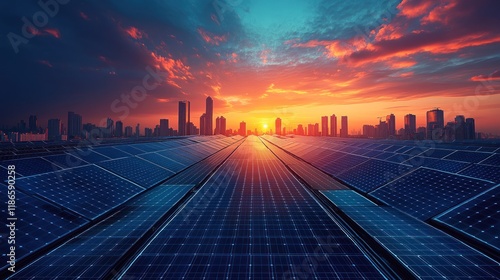 Solar panels field leading to futuristic city skyline at sunset. photo