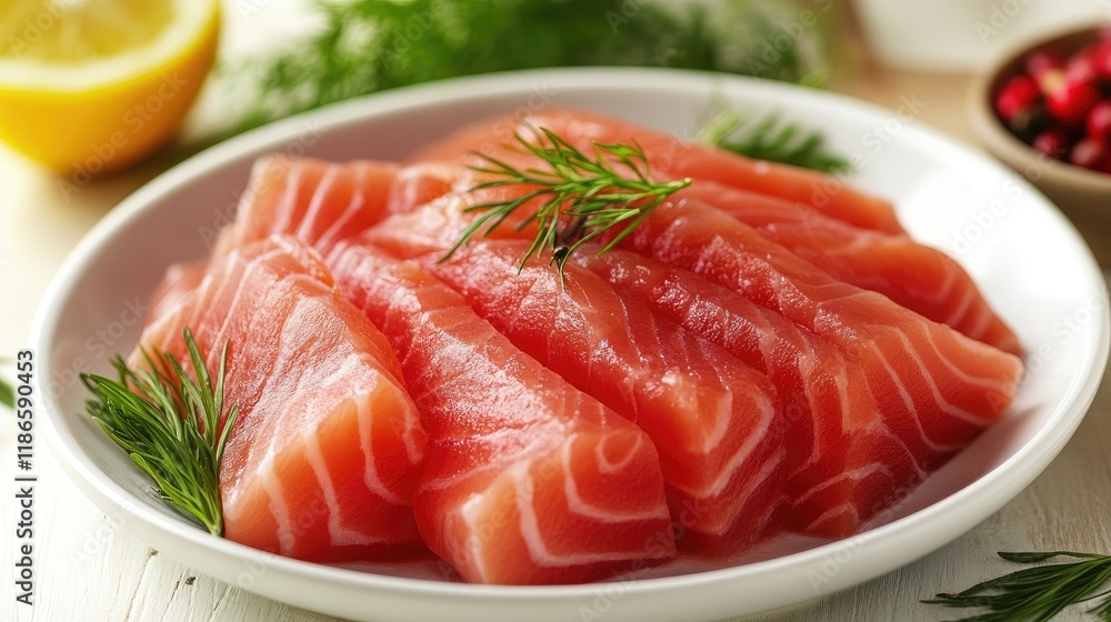 Freshly sliced tuna fillets arranged in a white dish garnished with dill and lemon, highlighting vibrant colors and textures of seafood. Freshly sliced tuna fillets arranged in a white dish garnished with dill and lemon, highlighting vibrant colors and textures of seafood.