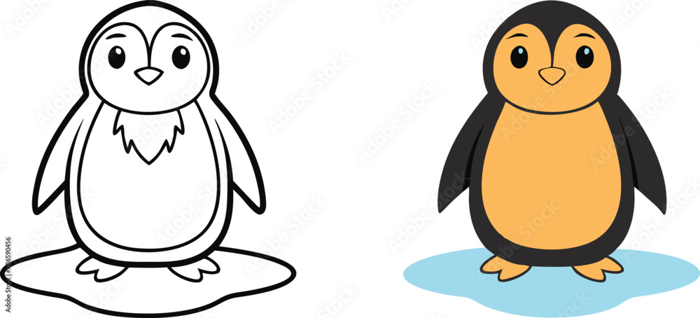 Fototapeta premium Adorable Penguin Coloring Page Outline and Colored Version