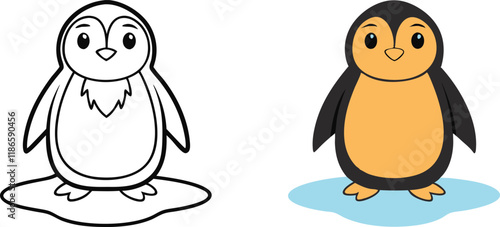 Adorable Penguin Coloring Page Outline and Colored Version