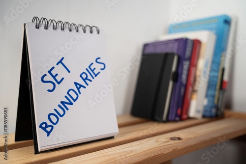 Obraz na płótnie otwarty notes na półce z kartką na której zapisany jest tekst: Set Boundaries
w salonie