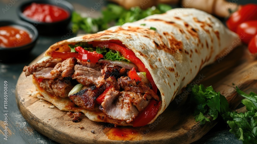 Delicious Turkish Doner Kebab Wrapped in Flatbread with Fresh Vegetables and Sauces on a Rustic Wooden Board Delicious Turkish Doner Kebab Wrapped in Flatbread with Fresh Vegetables and Sauces on a Rustic Wooden Board