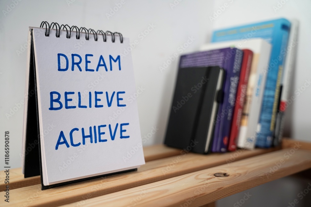 otwarty notes na półce z kartką na której zapisany jest tekst: dream, believe, achieve