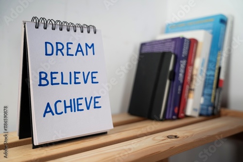 otwarty notes na półce z kartką na której zapisany jest tekst: dream, believe, achieve photo