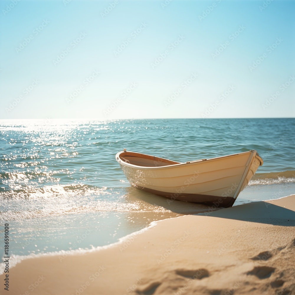 A solitary rowboat rests on a sandy beach as gentle waves lap at its sides against a bright sky. A solitary rowboat rests on a sandy beach as gentle waves lap at its sides against a bright sky.