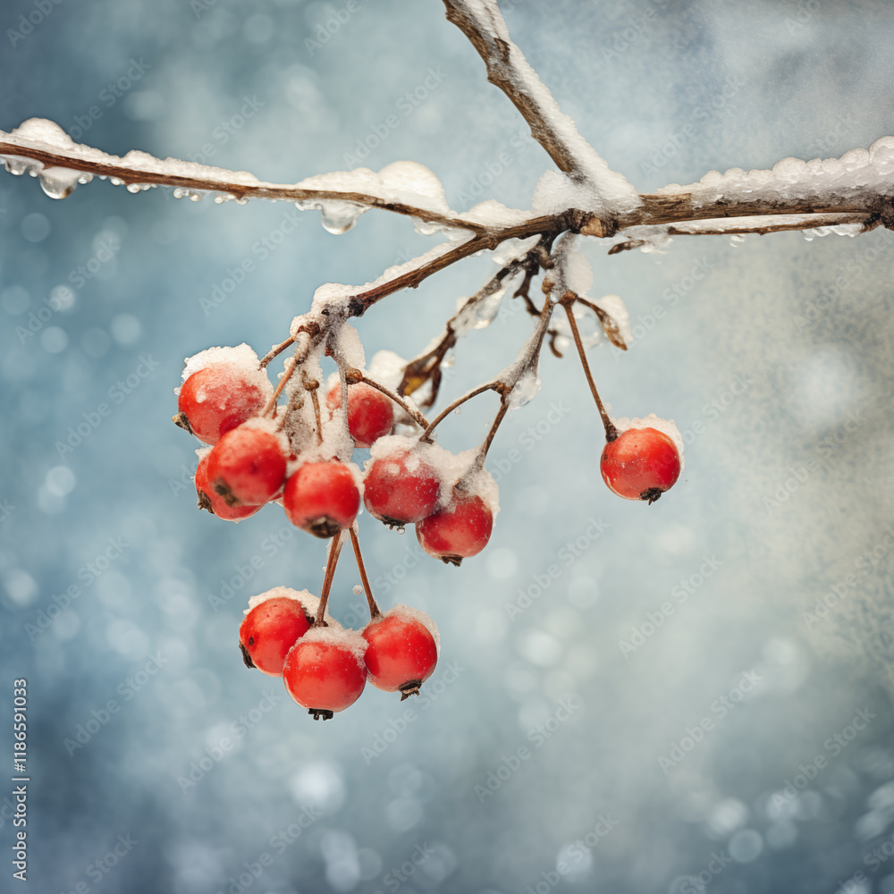 Frozen Red Berries on SnowCovered Branch Frozen Red Berries on SnowCovered Branch