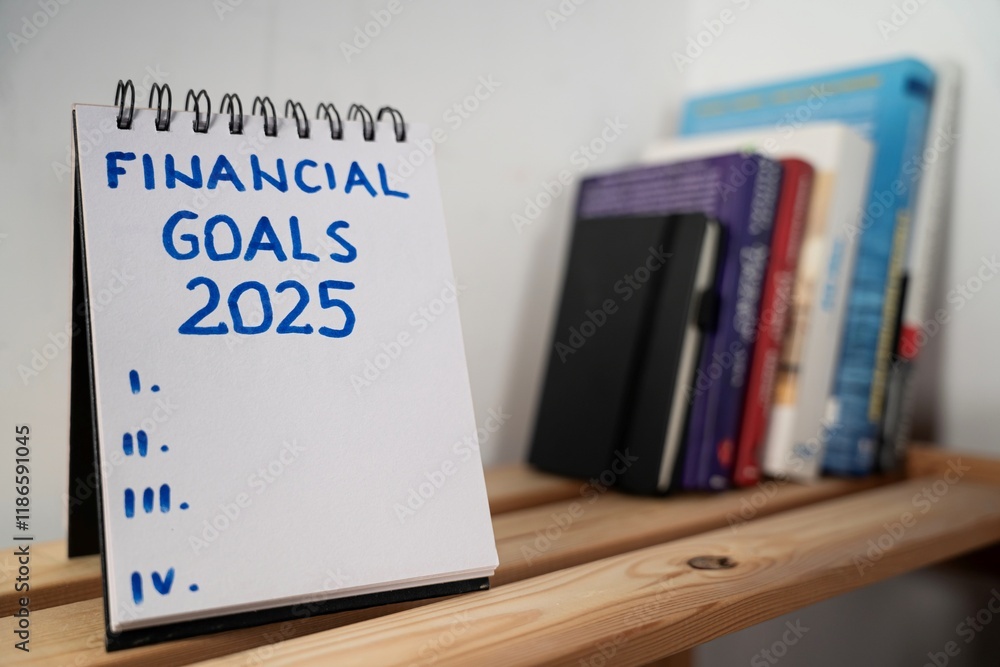 otwarty notes na półce z kartką na której zapisany jest tekst: Financial Goals 2025