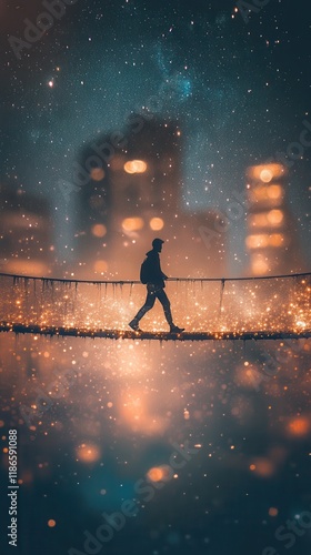 Night Cityscape Silhouette: A Solitary Journey Across a Starry Bridge