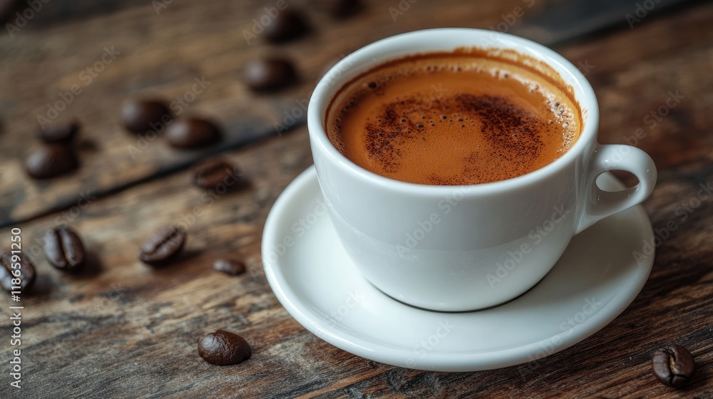 Turkish coffee in a white cup served on a rustic wooden table surrounded by coffee beans Turkish coffee in a white cup served on a rustic wooden table surrounded by coffee beans