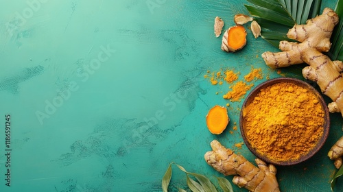 Turmeric powder and fresh roots arranged on a vibrant green background showcasing colorful spices and natural ingredients. photo