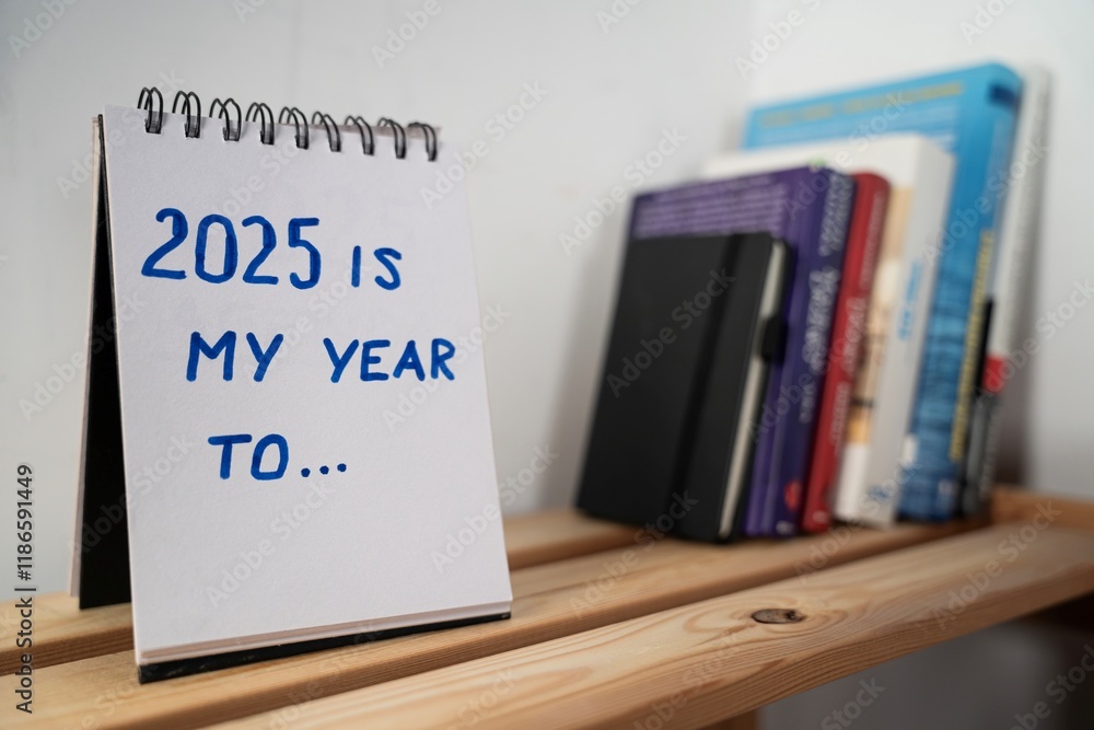 otwarty notes na półce z kartką na której zapisany jest tekst: 2025 is my year to...