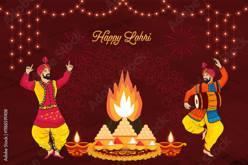 A festive illustration of a Lohri celebration with people dancing around a bonfire, playing music, and enjoying the festivities photo