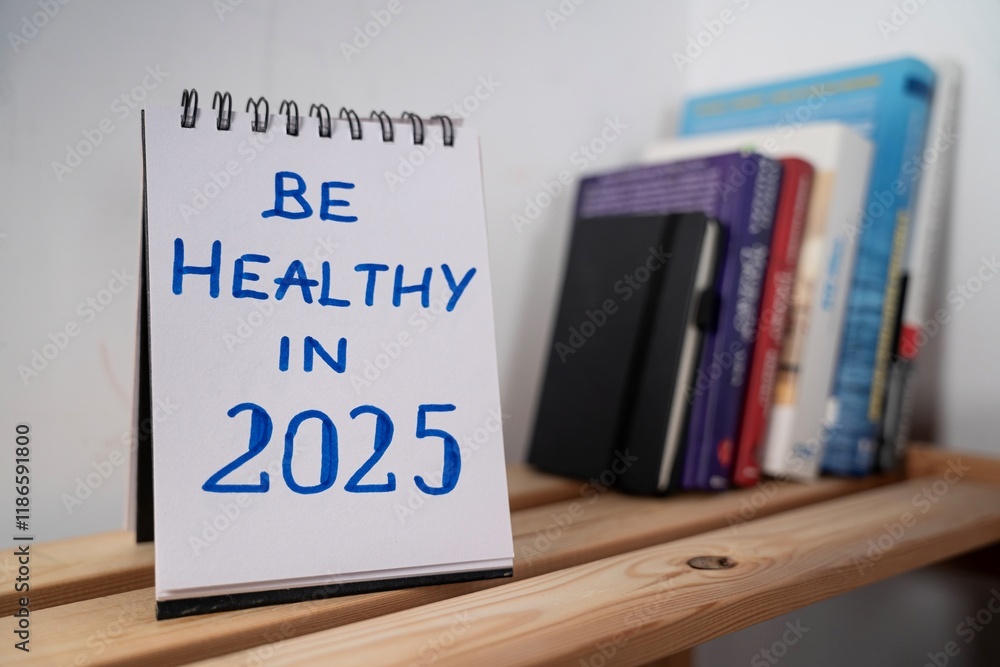 otwarty notes na półce z kartką na której widnieje tekst: Be healthy in 2025