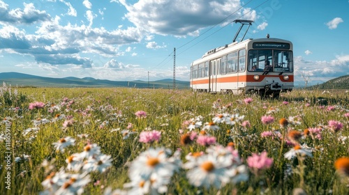 Colorful wildflowers dance in the breeze while a charming tram passes through a serene landscape on a sunny day. Generative AI