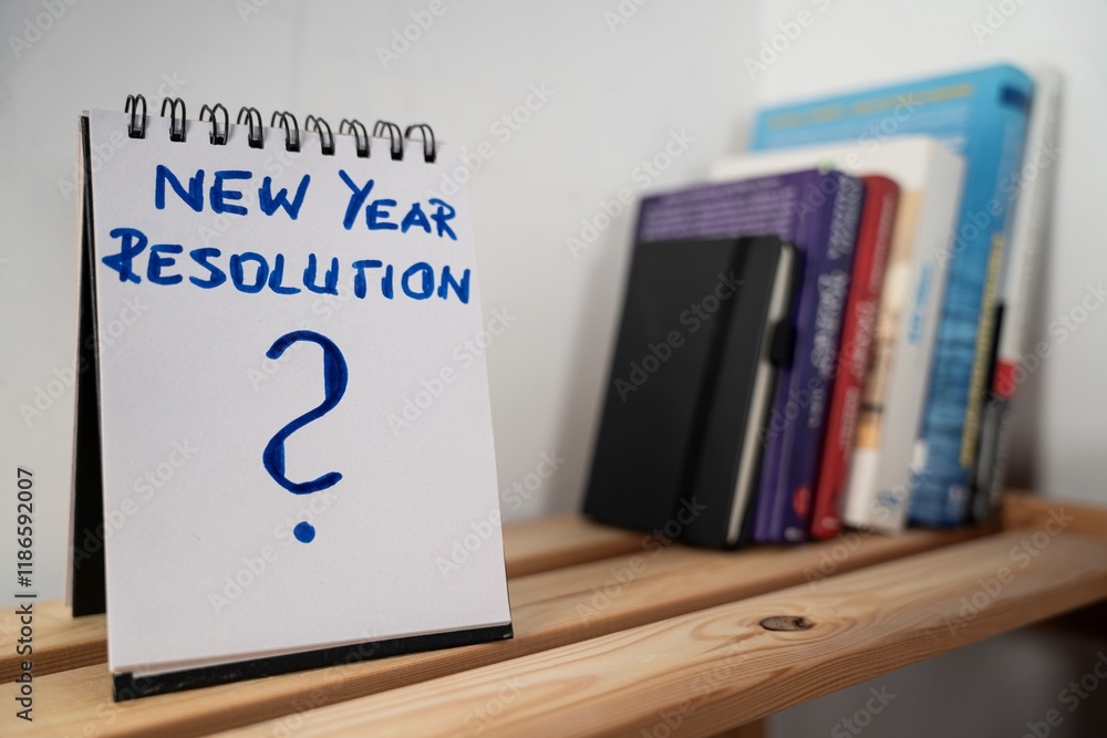 otwarty notes na półce z kartką na której zapisany jest: New Year Resolution oraz pytajnik