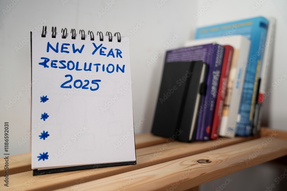 open notebook on a shelf with a sheet of paper with: New Year Resolution and a dotted space for text