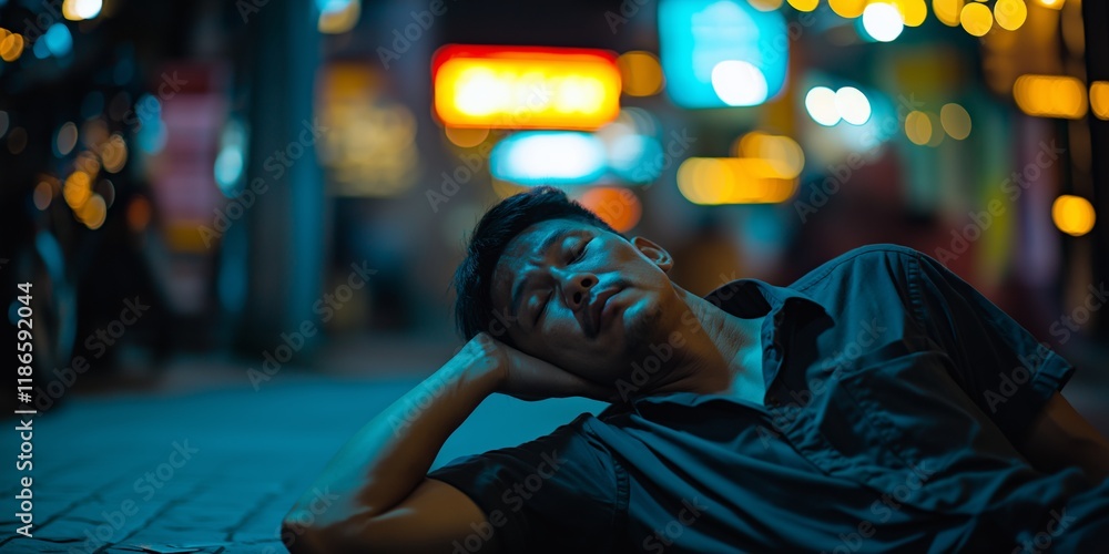 Obraz premium A man sleeping on the street, surrounded by urban colors and lights, conveying a moment of rest.