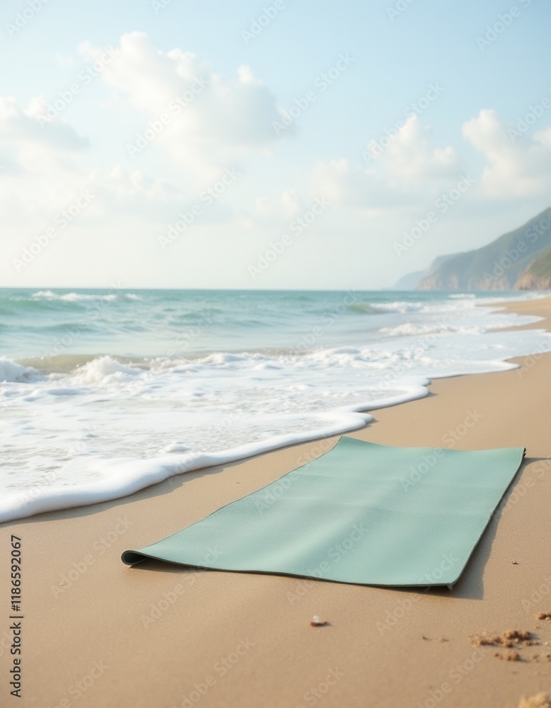 Yoga Mat on a Beach with Ocean Waves Yoga Mat on a Beach with Ocean Waves