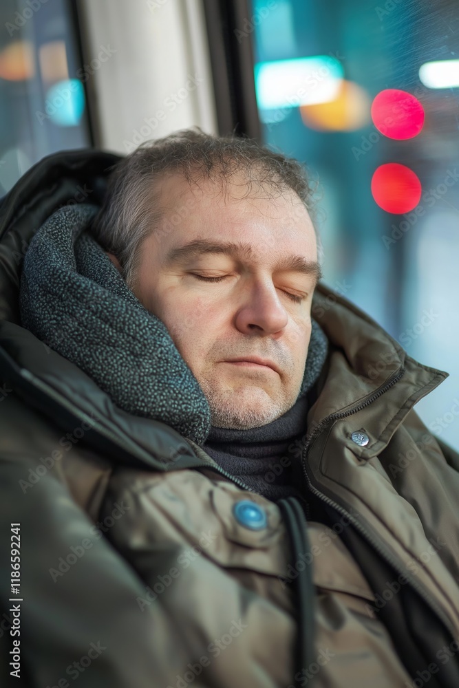 Fototapeta premium A man peacefully sleeping in public transport, capturing urban serenity.