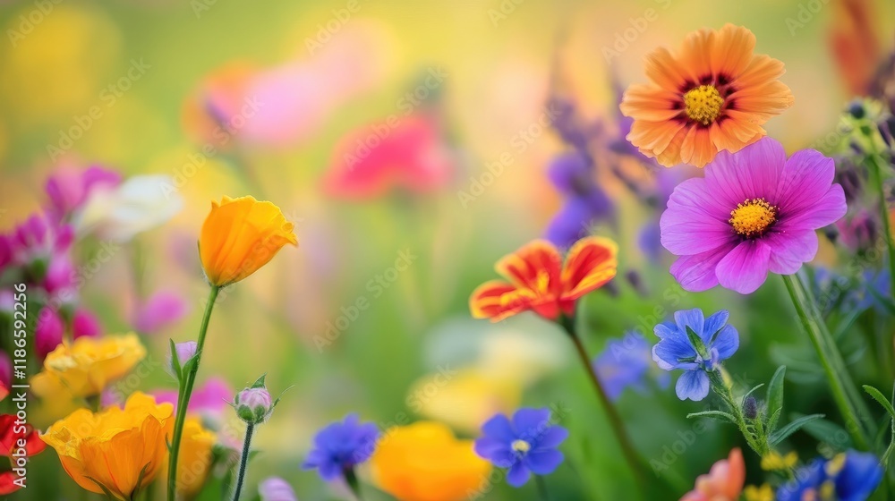 Bright and Cheerful Floral Background with a Variety of Summer and Spring Flowers in Bloom Bright and Cheerful Floral Background with a Variety of Summer and Spring Flowers in Bloom