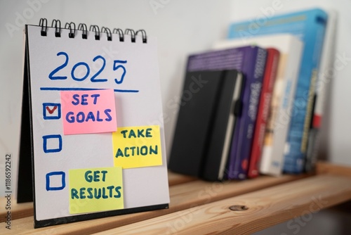 Obraz na płótnie otwarty notes na półce z kartką na której zapisany jest 2025 oraz kartki samoprzylepne z napisami: set goals, take action, get results. w salonie
