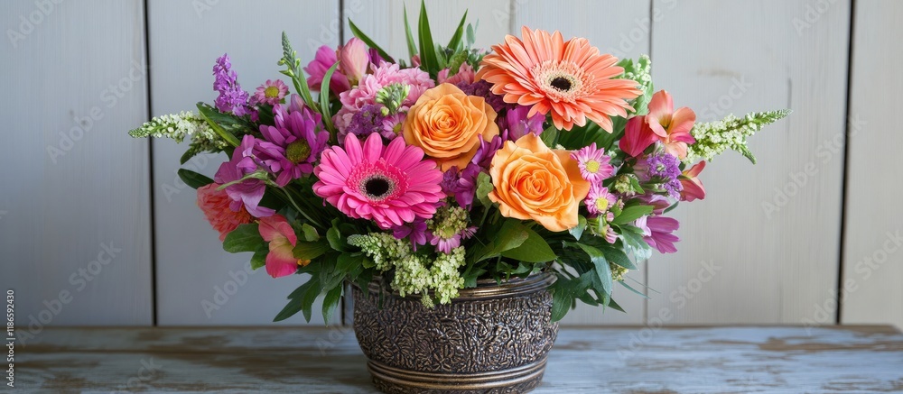 Fototapeta premium Colorful flower arrangement in decorative vase on rustic table adding charm and brightness to home interior décor