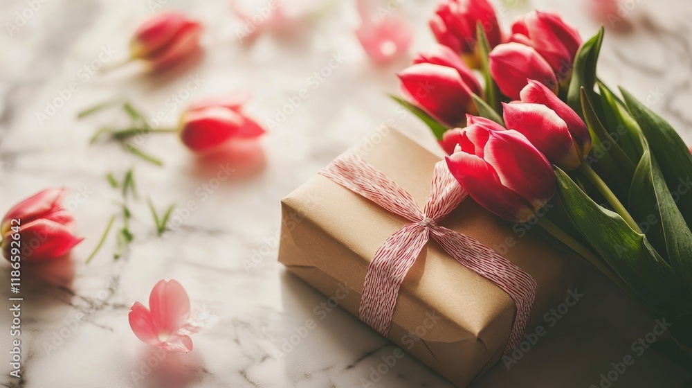 Tulips in sunlight with gift box creating a vibrant spring holiday atmosphere perfect for celebrations and special occasions Tulips in sunlight with gift box creating a vibrant spring holiday atmosphere perfect for celebrations and special occasions