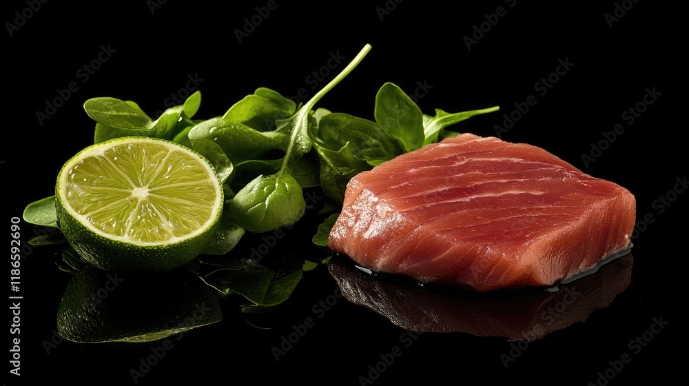 Fresh tuna fillet with lime and leafy greens on a sleek black background showcasing vibrant colors and textures for culinary purposes. Fresh tuna fillet with lime and leafy greens on a sleek black background showcasing vibrant colors and textures for culinary purposes.
