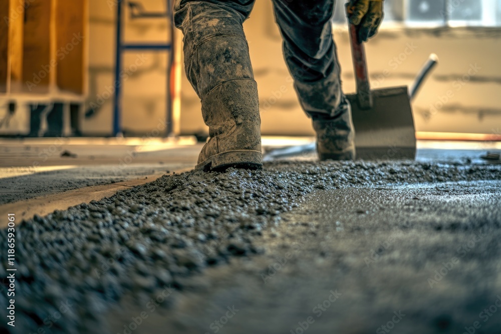 A person laying down tile or doing other construction work on a flat, grey concrete surface A person laying down tile or doing other construction work on a flat, grey concrete surface