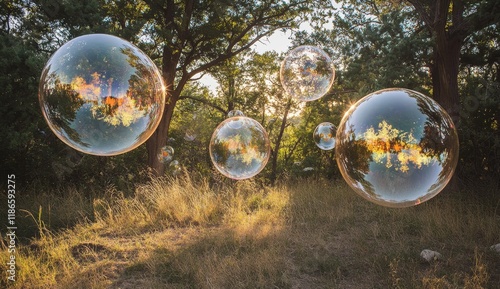 Sunset bubbles floating in forest.