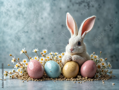 Happy Easter card design. Easter composition on grey concrete background. Cute bunny rabbit, colored eggs and spring flowers. Copy space for textFrame of Easter eggs and flowers photo