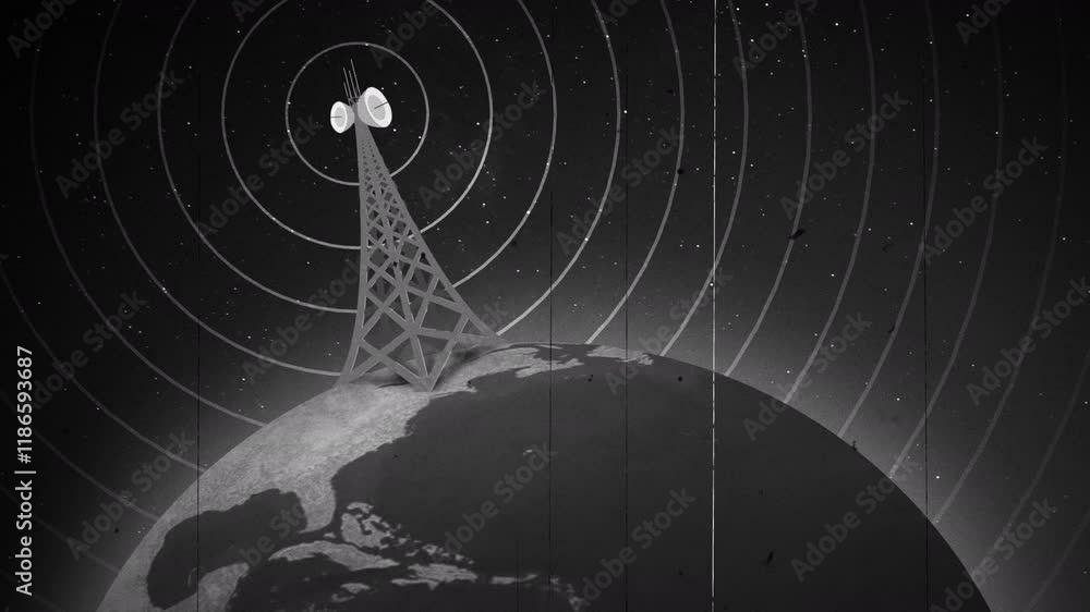 Retro antenna, bad signal. A retro-style global broadcasting tower.