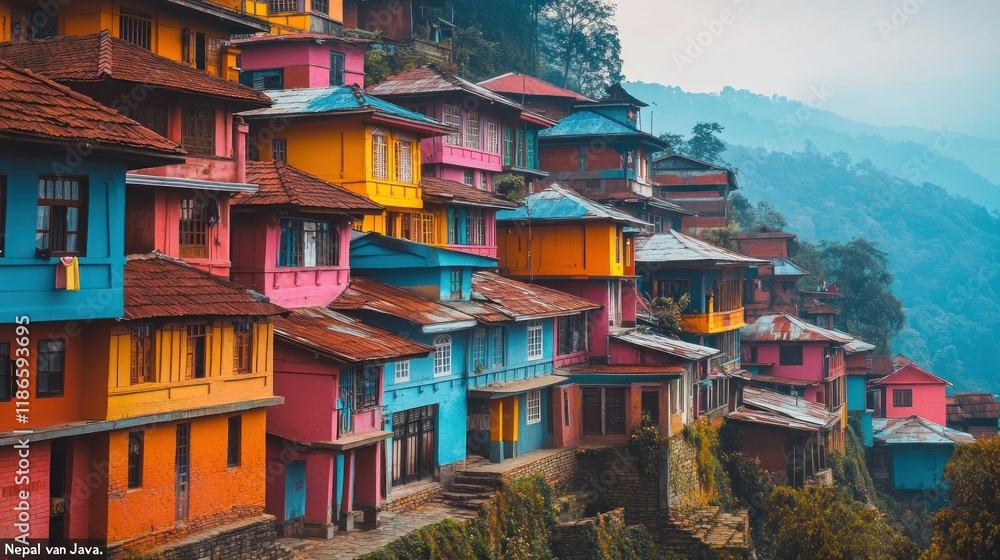Fototapeta premium Colorful Houses on a Hillside in Nepal