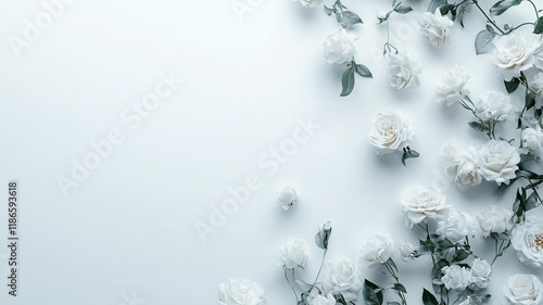 Elegant White Roses Floral Arrangement on Light Blue Background Wedding Spring Romance