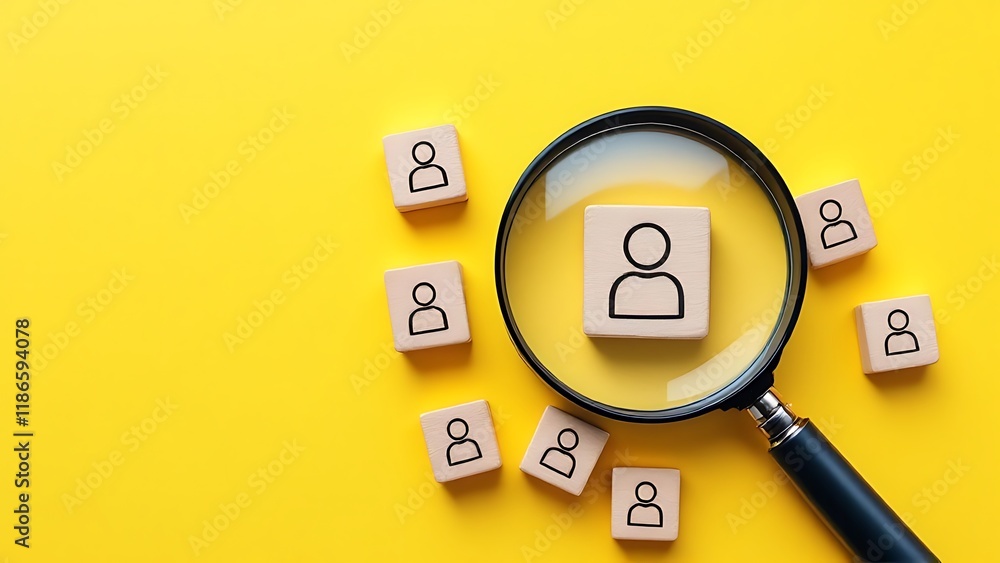 Magnifying glass on wooden cubes with people icons representing human resources and recruitment on a vibrant yellow background