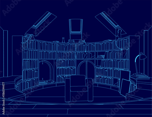 Blue drawing of a library with a fireplace and a chair. The room is filled with bookshelves and a large circular table